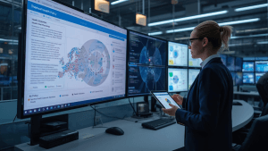 A public health analyst reviews AI-driven healthcare strategy diagrams and policy documents, illustrating the emerging HHS AI strategy.