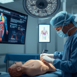 A surgical trainee practices on a medical model while an AI system displays personalized guidance and performance metrics, illustrating hyper-personalized healthcare.
