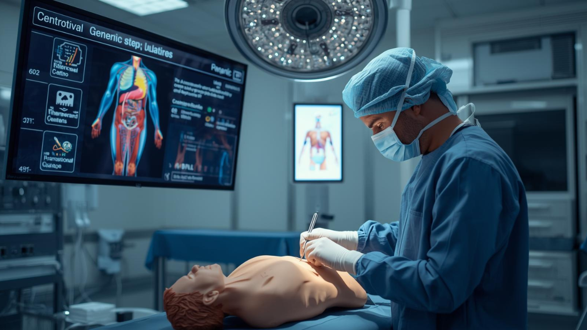 A surgical trainee practices on a medical model while an AI system displays personalized guidance and performance metrics, illustrating hyper-personalized healthcare.