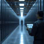 A technician reviews utilization metrics inside a large corridor of server racks, illustrating concerns about hyperscaler data centers.