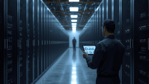 A technician reviews utilization metrics inside a large corridor of server racks, illustrating concerns about hyperscaler data centers.