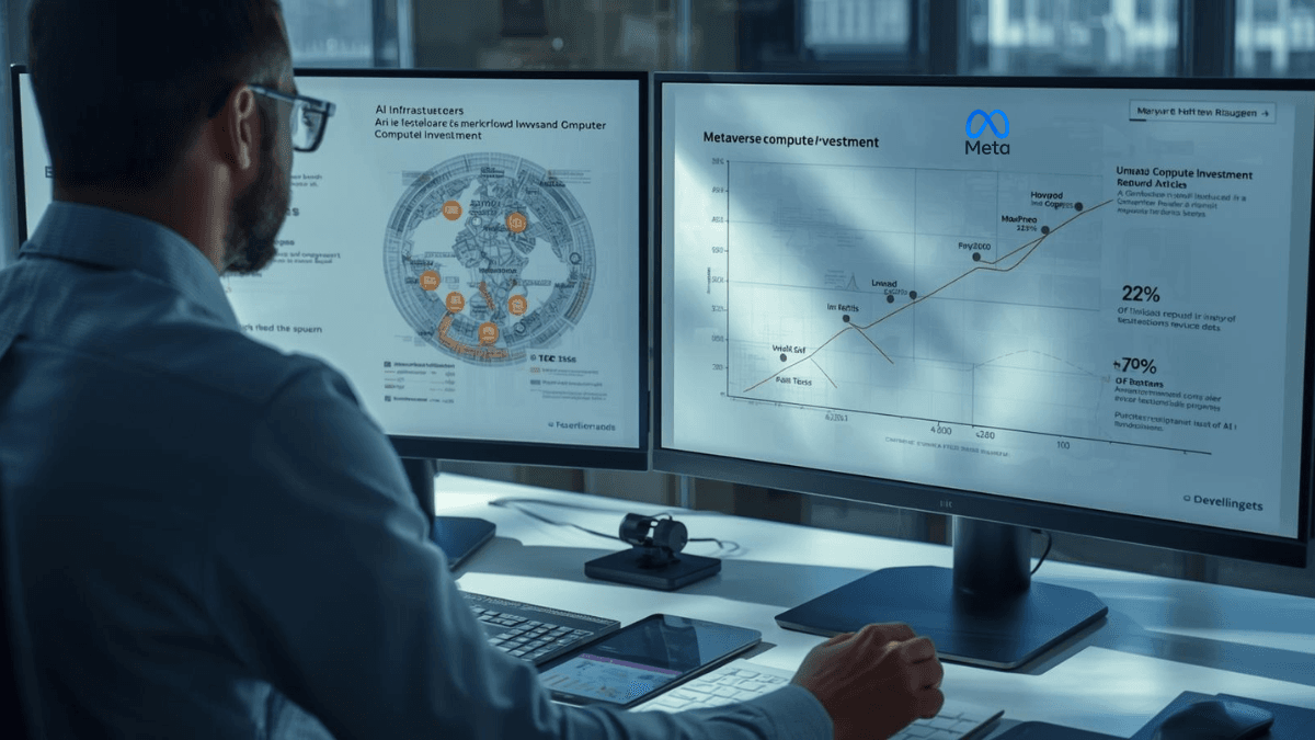 An analyst reviews AI infrastructure diagrams beside a reduced metaverse roadmap, illustrating the impact of Meta's AI Pivot.