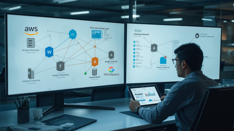 An engineer reviews linked cloud network diagrams across two platforms, illustrating multicloud networking for AI.