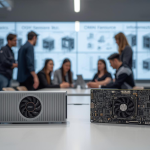 Developers collaborate around AI hardware and open-source workflow diagrams, illustrating the rise of open-source AI infrastructure.