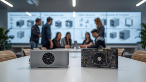 Developers collaborate around AI hardware and open-source workflow diagrams, illustrating the rise of open-source AI infrastructure.