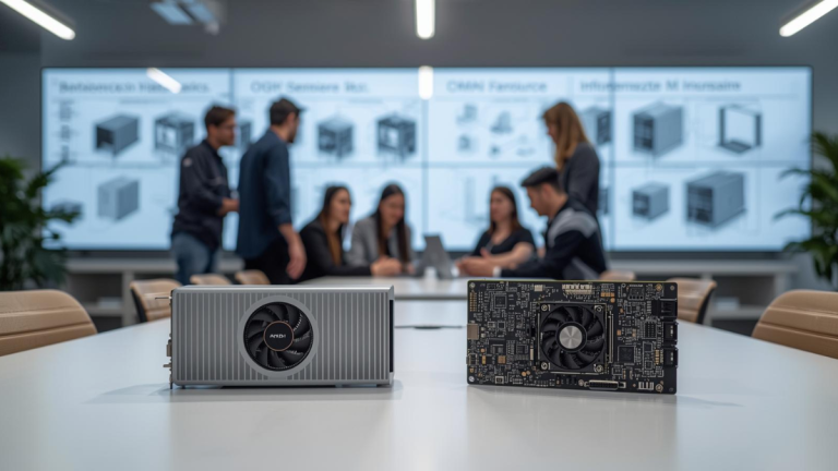 Developers collaborate around AI hardware and open-source workflow diagrams, illustrating the rise of open-source AI infrastructure.