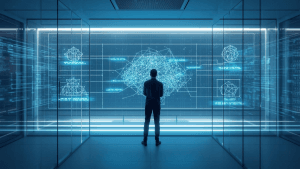 A person reviews neural network diagrams on a transparent digital display inside an AI research lab.