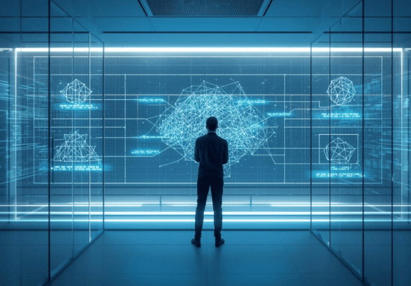 A person reviews neural network diagrams on a transparent digital display inside an AI research lab.