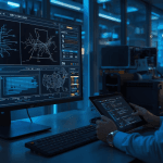 A technician reviews quantum circuit diagrams and cloud compute metrics on multiple screens, illustrating the rise of the quantum computing cloud.