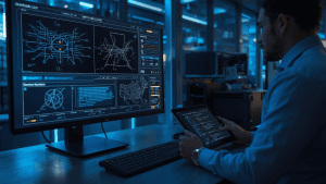 A technician reviews quantum circuit diagrams and cloud compute metrics on multiple screens, illustrating the rise of the quantum computing cloud.