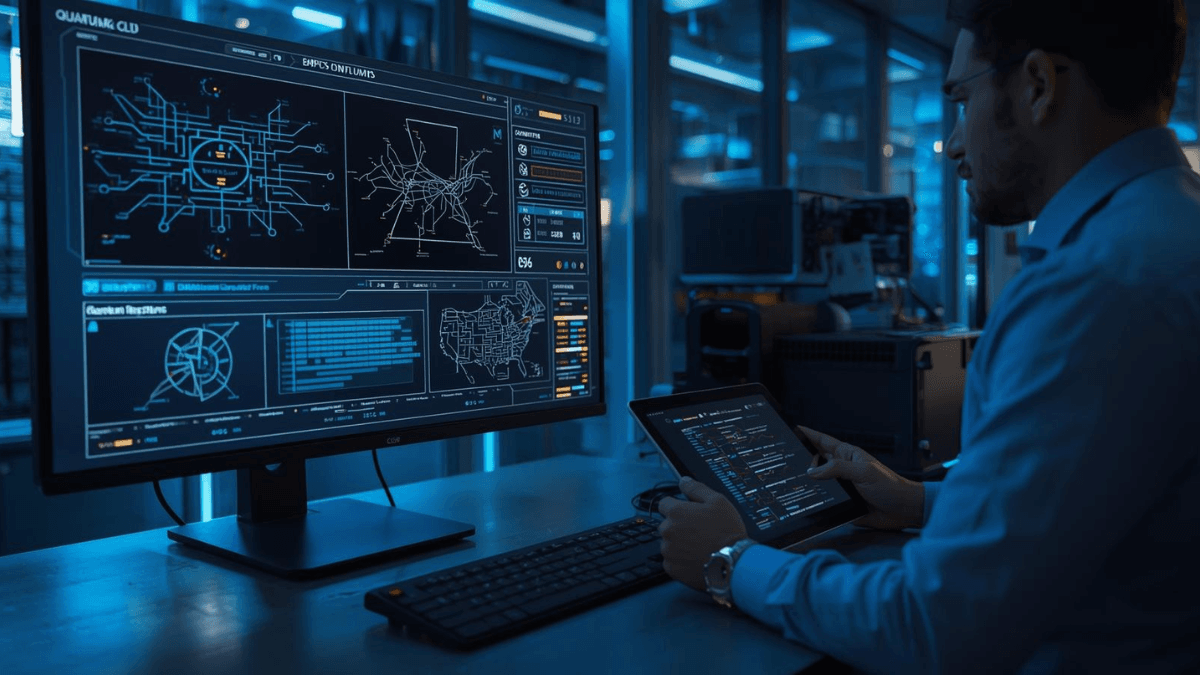 A technician reviews quantum circuit diagrams and cloud compute metrics on multiple screens, illustrating the rise of the quantum computing cloud.