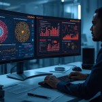 A researcher reviews quantum-themed encryption diagrams and PQC notes in a cybersecurity lab, illustrating the growing quantum threat.