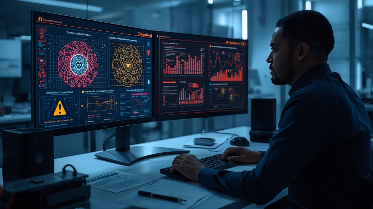 A researcher reviews quantum-themed encryption diagrams and PQC notes in a cybersecurity lab, illustrating the growing quantum threat.