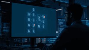 A cybersecurity engineer reviews server architecture diagrams and security alerts, illustrating risks tied to React Server Components.