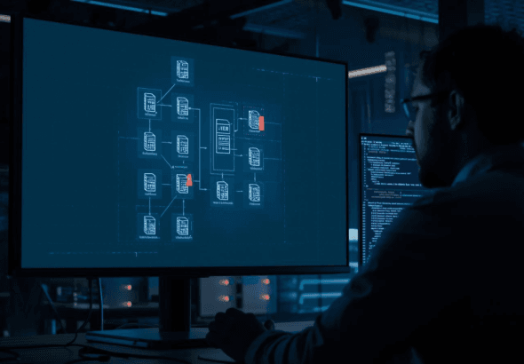 A cybersecurity engineer reviews server architecture diagrams and security alerts, illustrating risks tied to React Server Components.