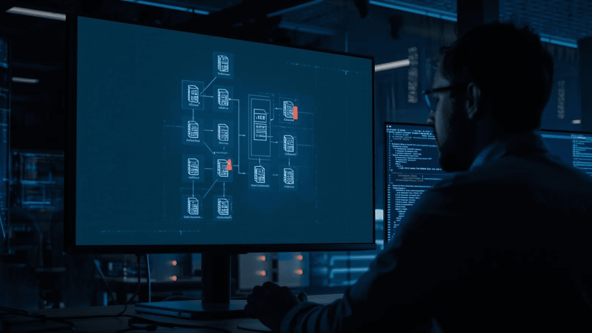 A cybersecurity engineer reviews server architecture diagrams and security alerts, illustrating risks tied to React Server Components.