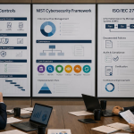 Cybersecurity team comparing CIS, NIST, and ISO security frameworks