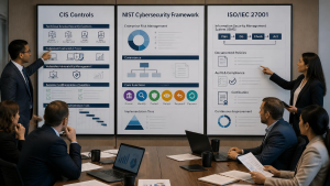 Cybersecurity team comparing CIS, NIST, and ISO security frameworks