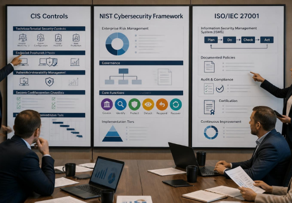 Cybersecurity team comparing CIS, NIST, and ISO security frameworks