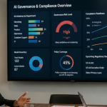 Business leaders reviewing enterprise AI governance and compliance data in a modern conference room.