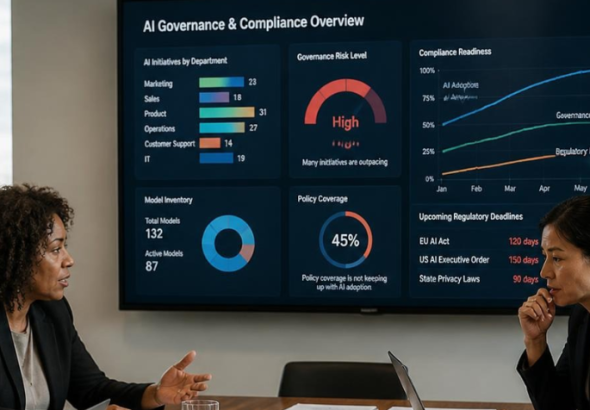 Business leaders reviewing enterprise AI governance and compliance data in a modern conference room.