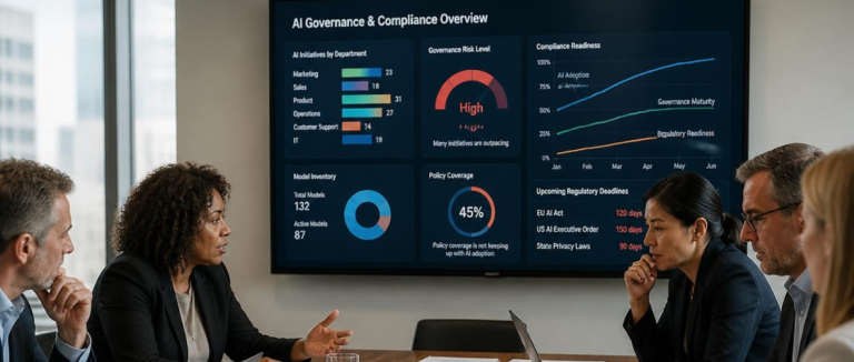Business leaders reviewing enterprise AI governance and compliance data in a modern conference room.
