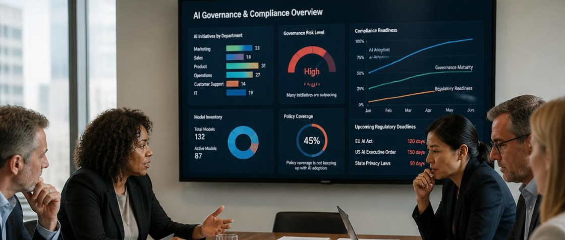 Business leaders reviewing enterprise AI governance and compliance data in a modern conference room.