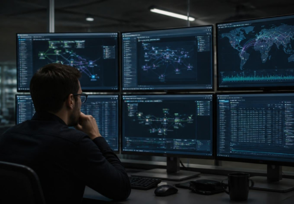 Cybersecurity analyst reviewing OpenAI rogue AI agent activity across multiple cloud services
