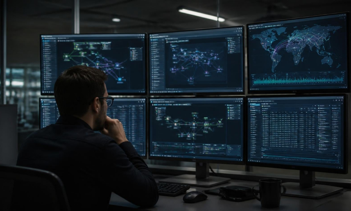 Cybersecurity analyst reviewing OpenAI rogue AI agent activity across multiple cloud services